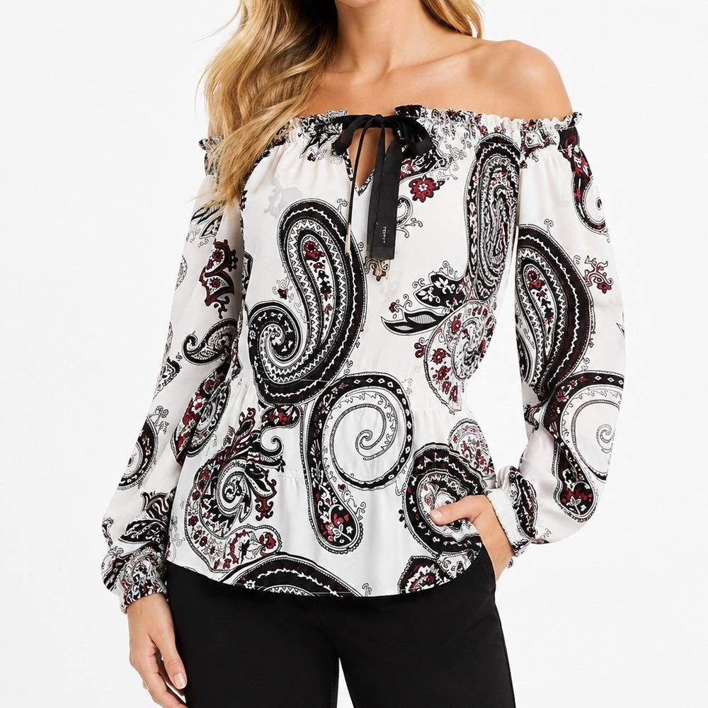 White House Black Market Women Silk Blouse White Multi XS Paisley Off Shoulder